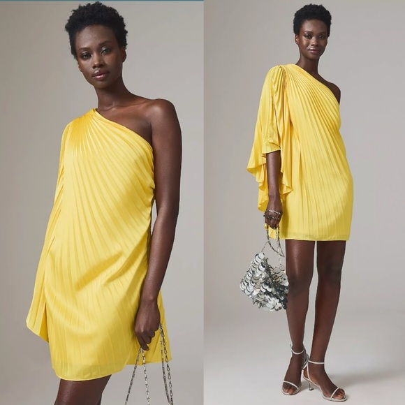 NEW! Anthropologie Hutch One-Shoulder Pleated Mini Dress Yellow Size Small - Picture 1 of 15
